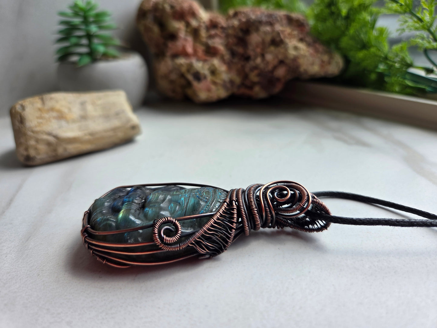 Labradorite Ganesha Wire-Wrapped Necklace