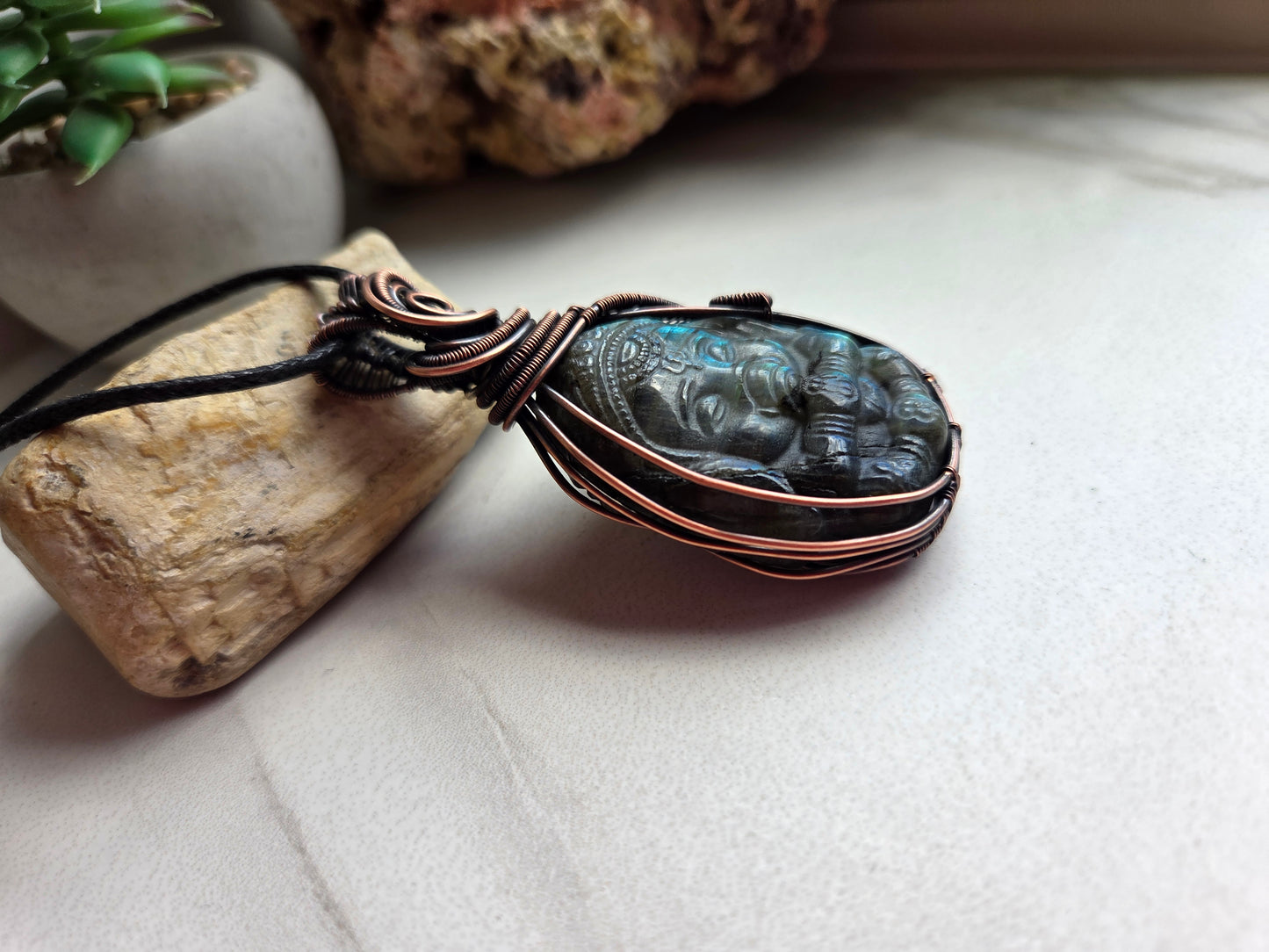 Labradorite Ganesha Wire-Wrapped Necklace