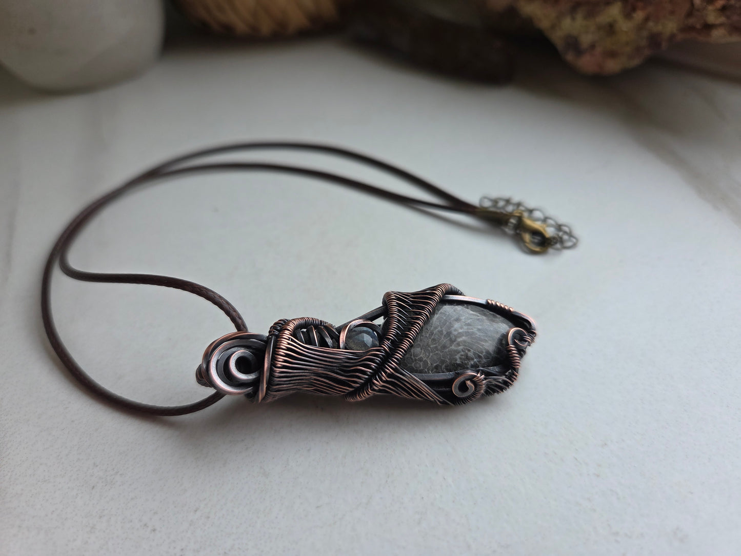 Black Fossil Coral & Labradorite Mystical Necklace