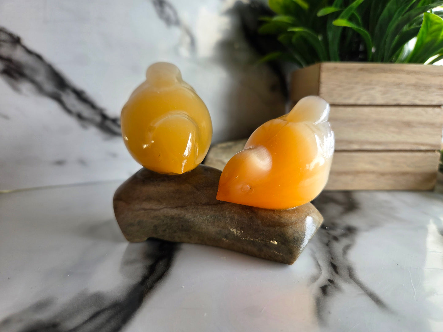Vintage Soviet-Era Selenite Lovebirds Figurine With Vintage Box🧡🐦