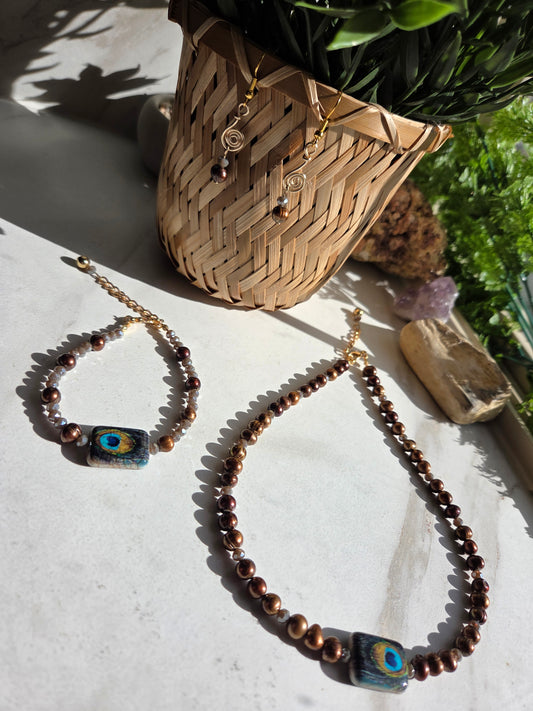 Peacock Fresh Water Pearl Necklace, Bracelet & Earring Set 🦚