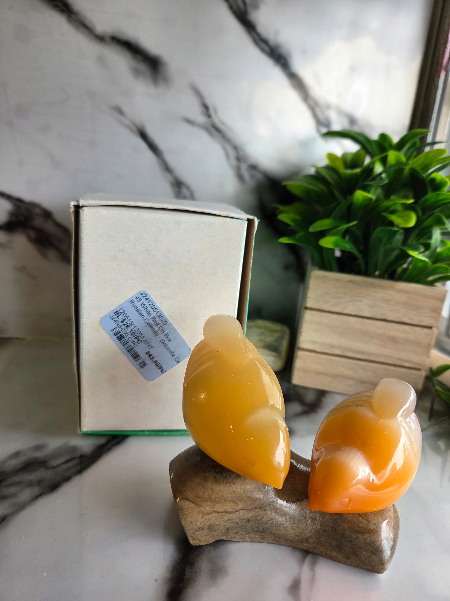 Vintage Soviet-Era Selenite Lovebirds Figurine With Vintage Box🧡🐦