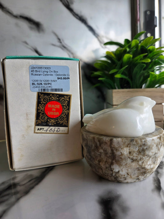 Vintage Soviet-Era White Selenite Bird Trinket Box with Original Box 🐦 (LC)