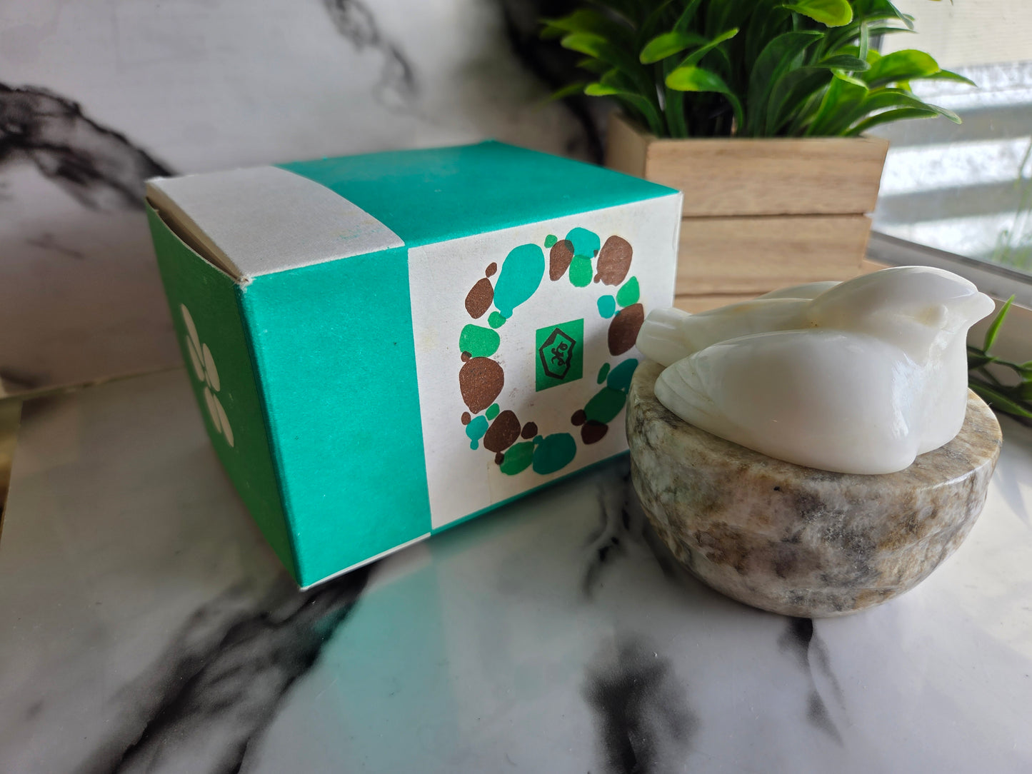 Vintage Soviet-Era White Selenite Bird Trinket Box with Original Box 🐦 (LC)
