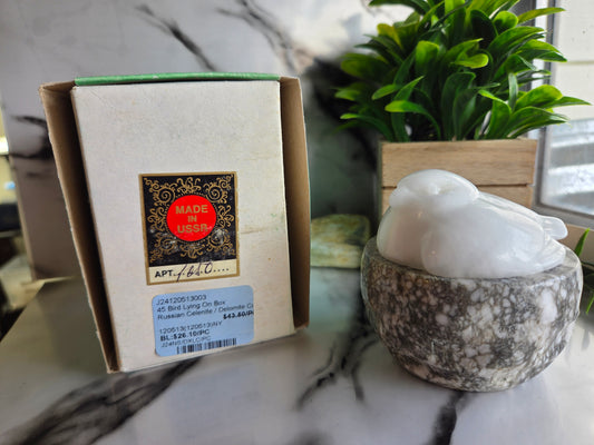 Vintage USSR Selenite Bird Trinket Box with Original Packaging 🐦 (DC)