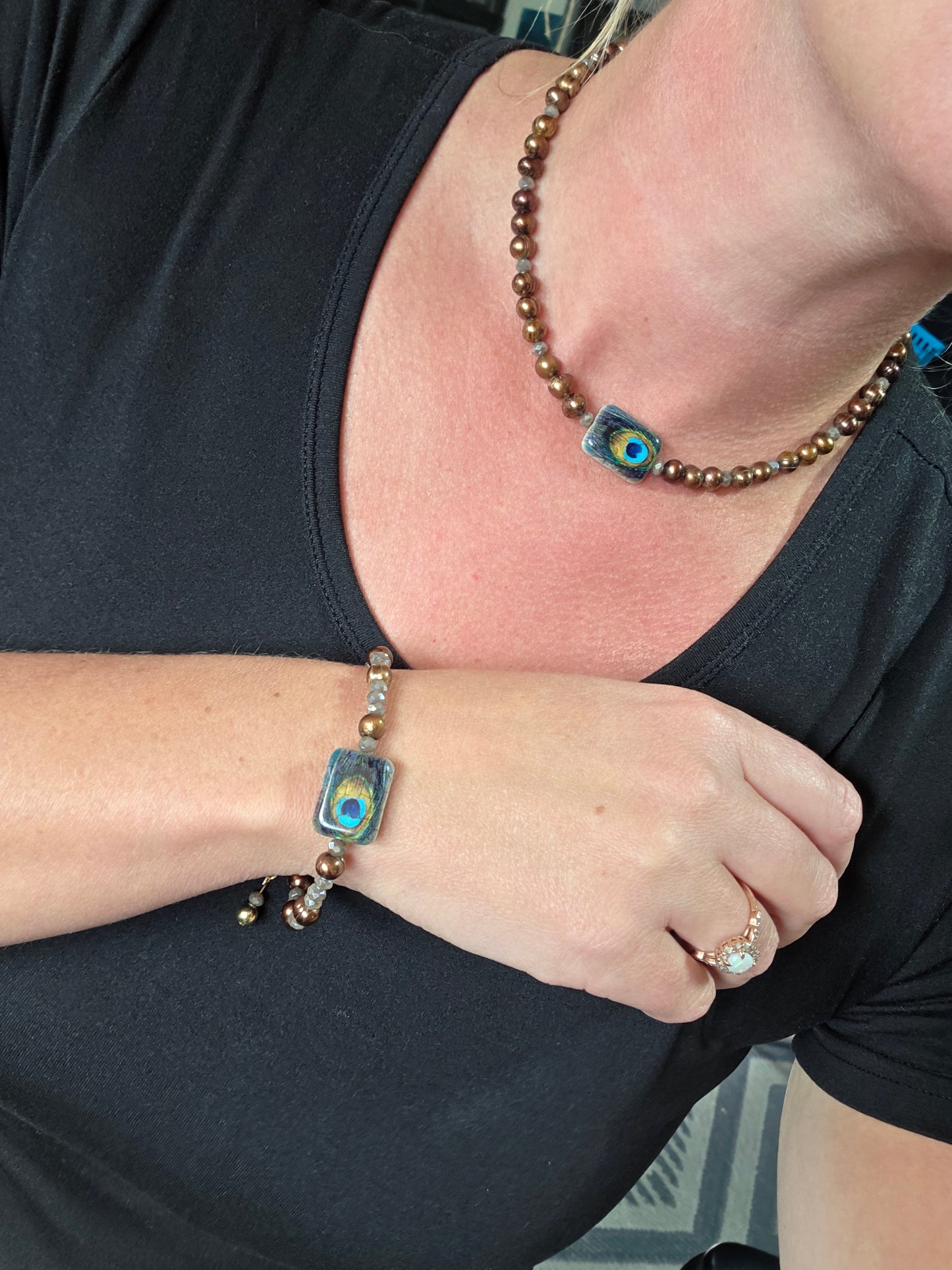 Peacock Fresh Water Pearl Necklace, Bracelet & Earring Set 🦚