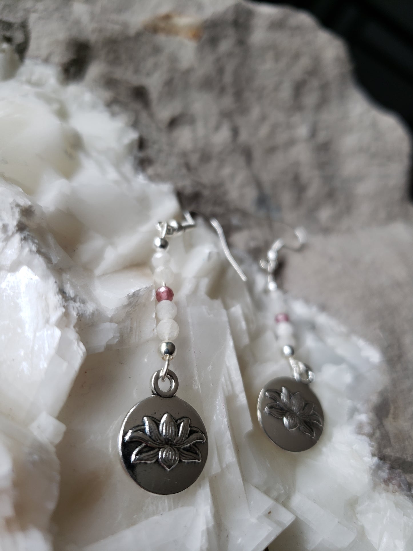 Pink Tourmaline Rainbow Moonstone Lotus Earrings