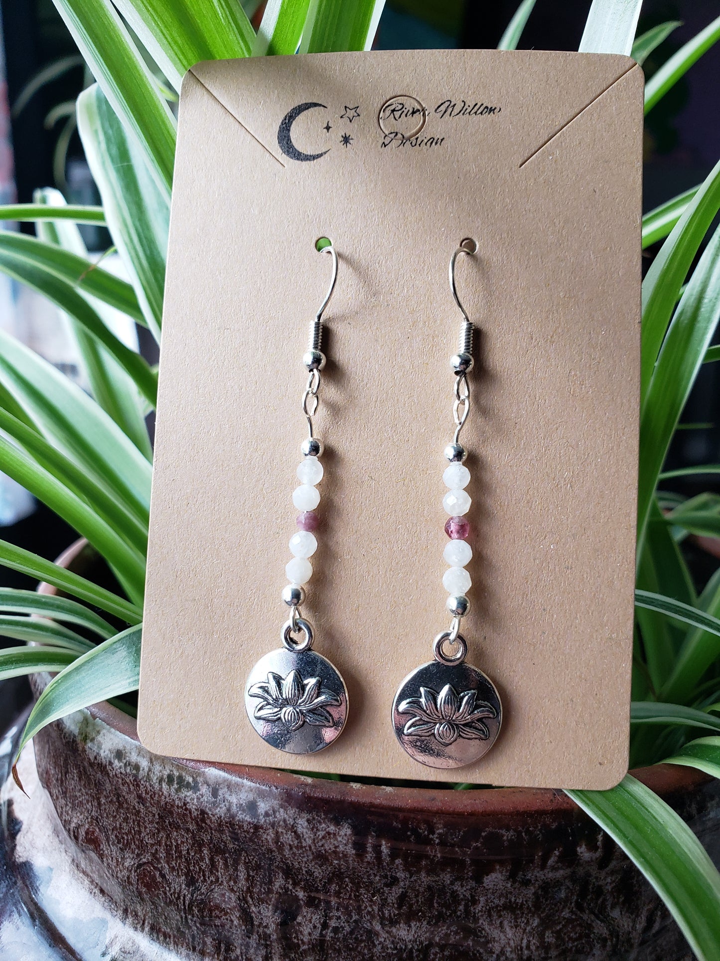 Pink Tourmaline Rainbow Moonstone Lotus Earrings