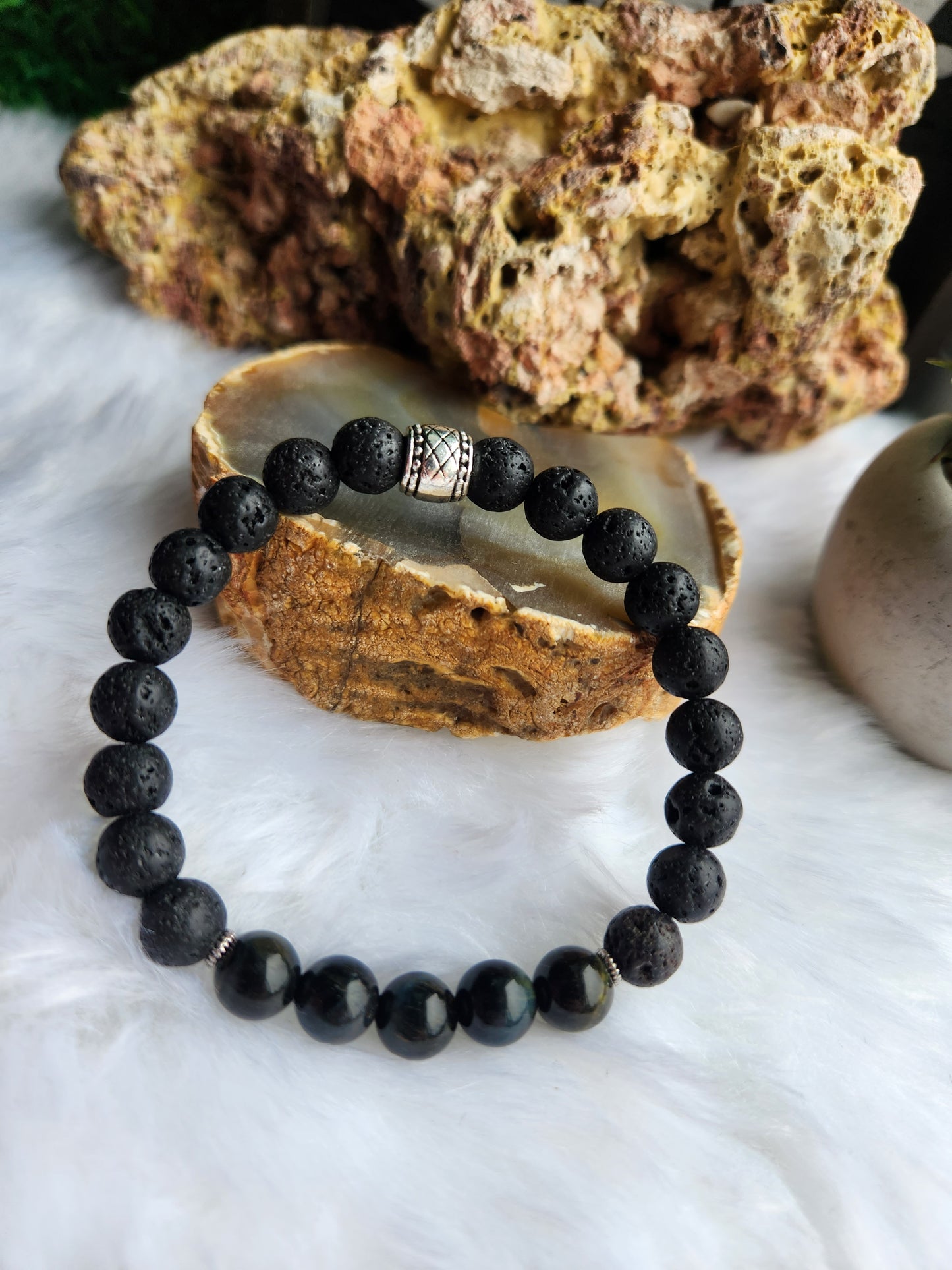 Blue Tigers Eye and Lava Stone Bracelet