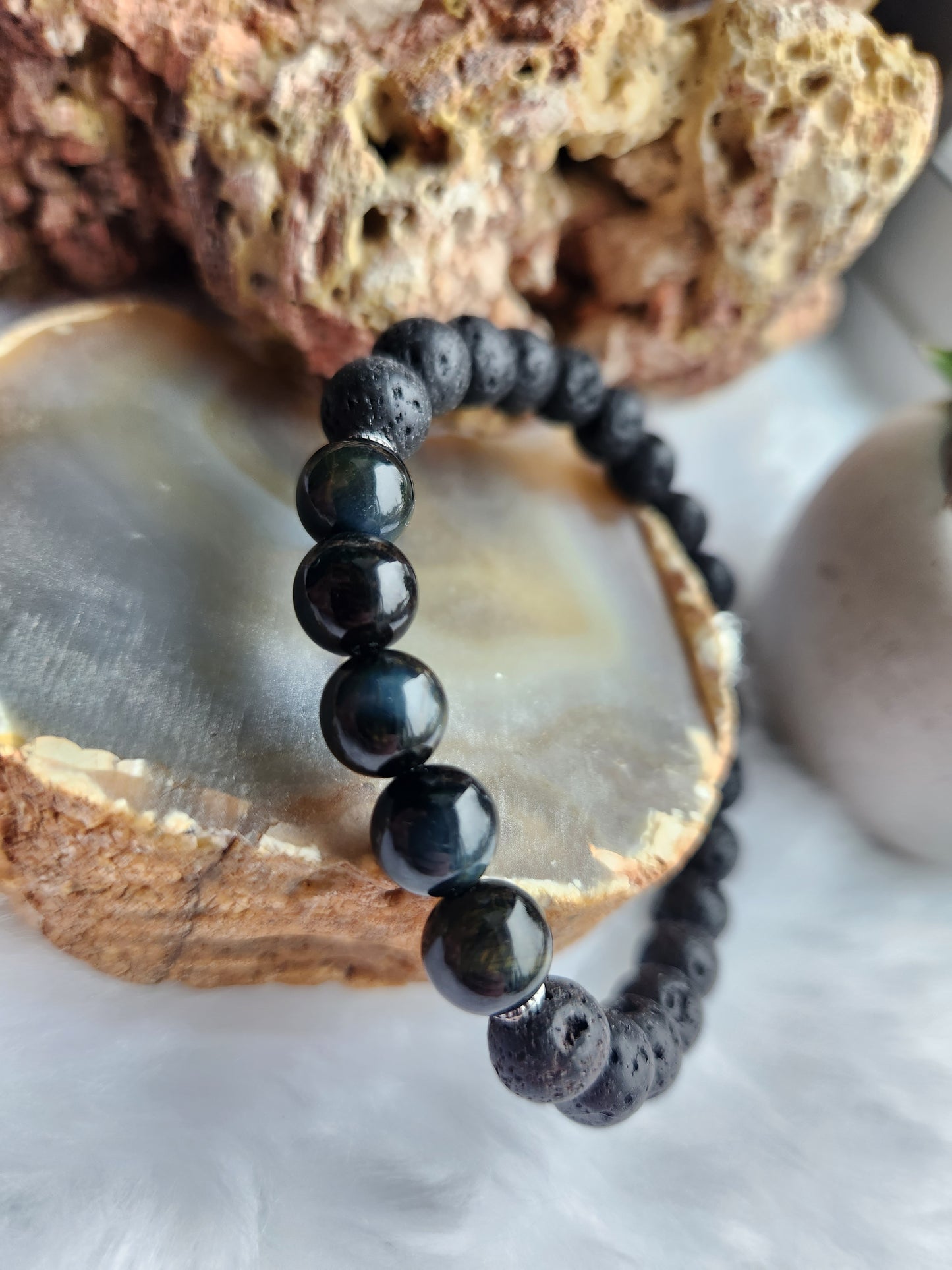 Blue Tigers Eye and Lava Stone Bracelet